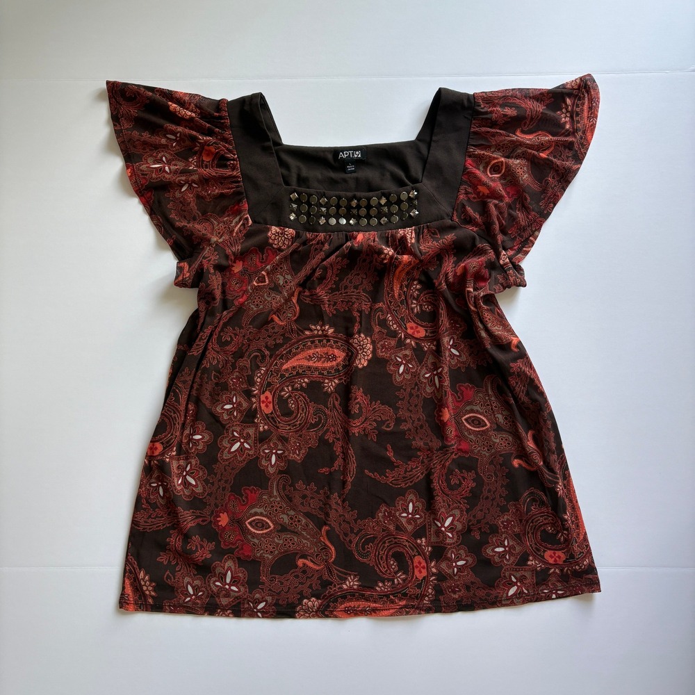 Y2K Apt9 Women's Fall Brown Paisley Embellished Flutter Sleeve Blouse